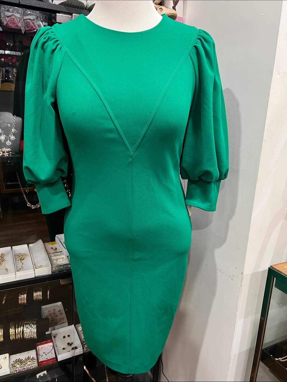 Calvin Klein Emerald Green Puff-Sleeve Midi Dress